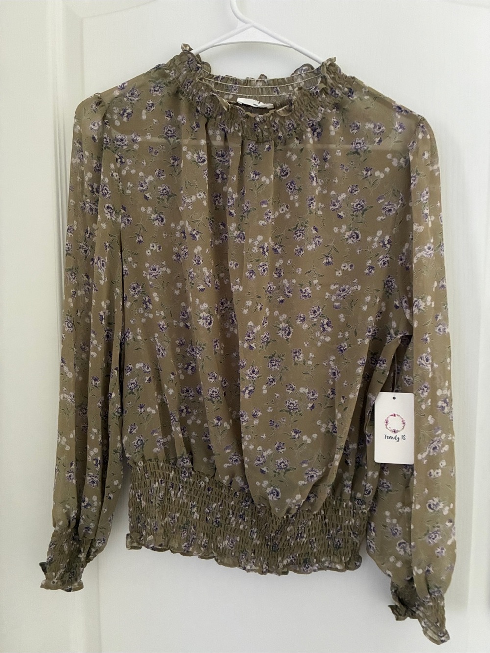 Olive Floral Smocked-Hem Blouse with Purple Accents